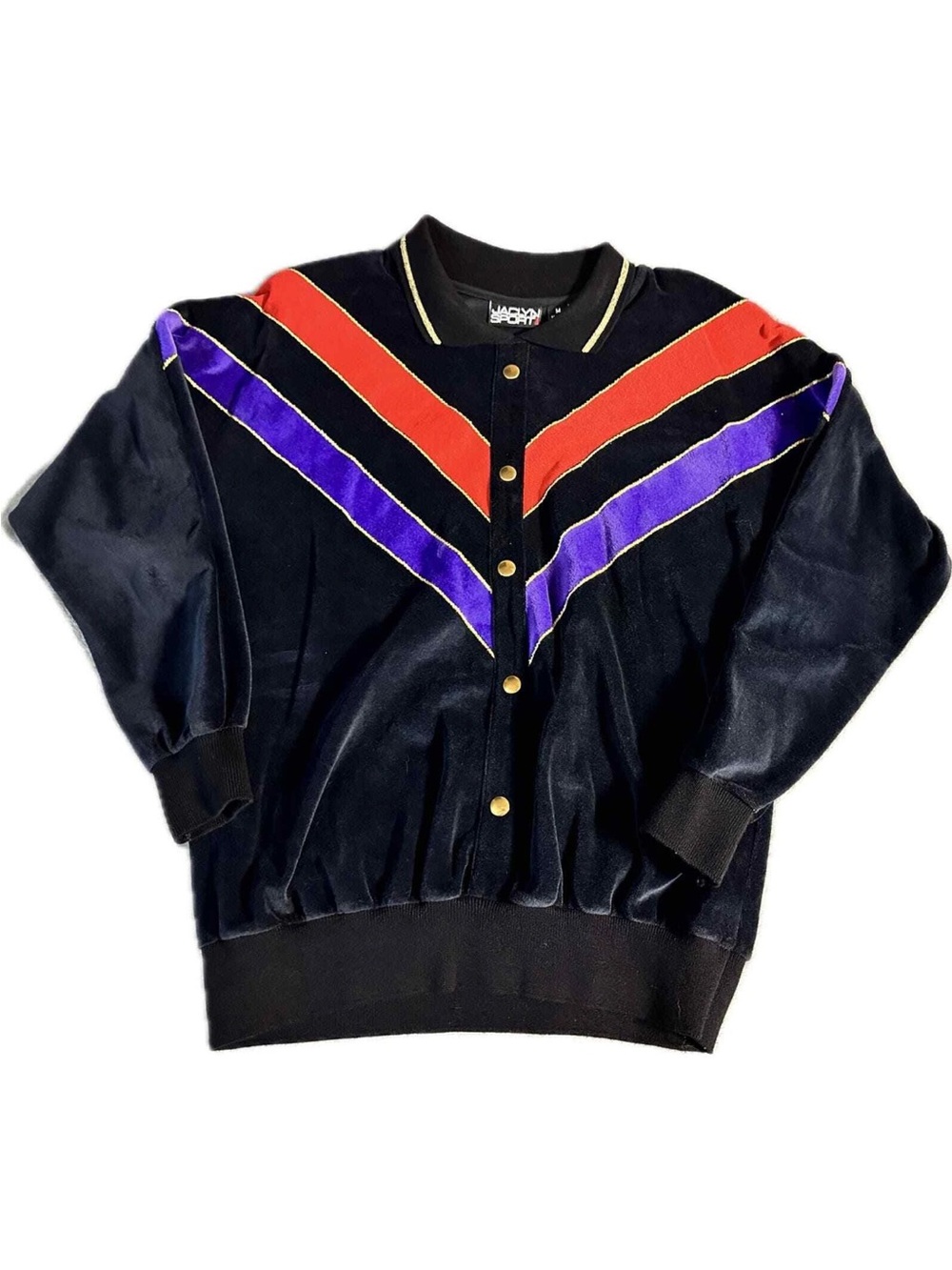 Vintage-Inspired Black Velvet pullover Jacket Red Purple Chevron Stripes M